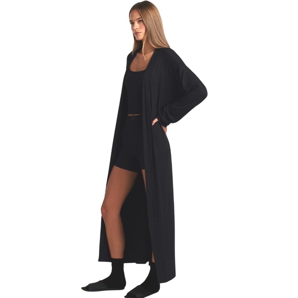Skims Soft Lounge Long Robe Onyx Black Ribbed Knit Sleepwear RB-ROBE-5848W XS - Picture 4 of 7